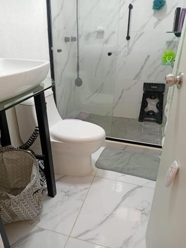 a bathroom with a shower and a toilet and a sink at Tulum lovely space close to airport in Tulum