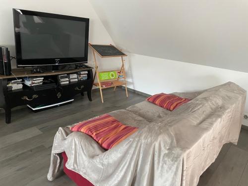 a living room with a couch and a flat screen tv at Maison à louer in Yèvres