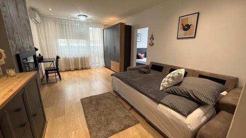 Un dormitorio con una cama y una sala de estar. en Palarikova Old App, en Košice