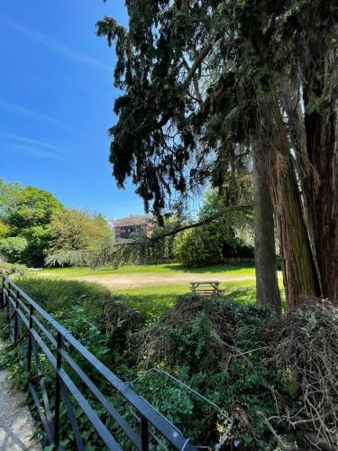 a park with a fence and a bench next to a tree at Hostel Rennes in Rennes