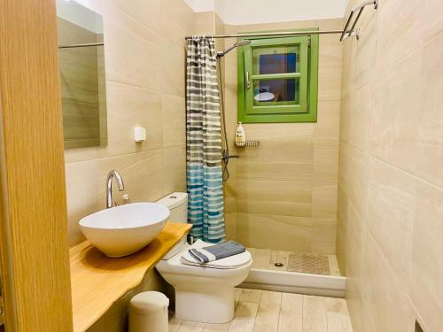 a bathroom with a sink and a toilet and a shower at Sophia's Apartments - Lipsi Rosemary in Lipsoi