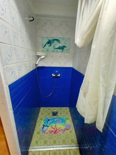 a bathroom with a shower with a blue wall at Еко-садиба БАКОТА in Kolodiyevka