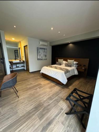 a bedroom with a bed and a desk and a chair at Esplendor by Wyndham San Luis Potosi in San Luis Potosí