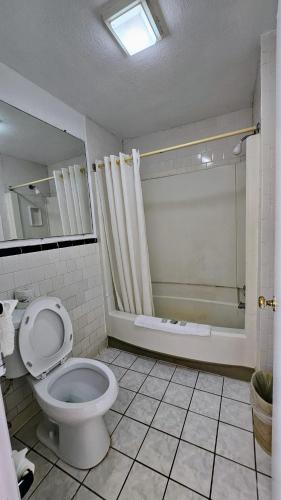 a bathroom with a toilet and a shower at Budget Inn in Williamsburg