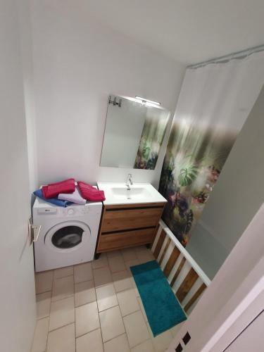 une salle de bain avec un lavabo et une machine à laver dans l'établissement 3 pièces au calme Terrasses Piscine et Tennis Garage, à Cagnes-sur-Mer