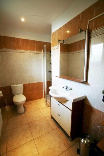 une salle de bain avec toilettes, lavabo et douche dans l'établissement Bel appartement à Pietracorbara avec piscine, à Pietracorbara