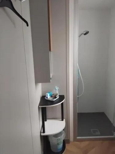 une petite salle de bain avec toilettes et douche dans l'établissement Bungalow idéal à Saint-Jean-de-Monts avec piscine, à Saint-Jean-de-Monts