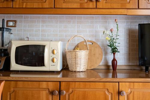 a kitchen counter with a microwave and a vase of flowers at Villa - Panoramic View of Vjosa River in Tepelenë