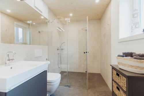 Un baño con ducha, lavabo e inodoro. en NEU "Rügen Resørt Sagard" großzügiges, gemütliches Familienhaus "Line" mit Terrasse, en Sagard
