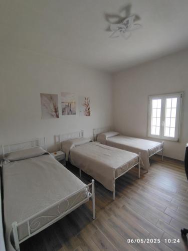 a room with two beds and two windows at Villetta della Pace nel cuore del Salento in Torre Santa Susanna