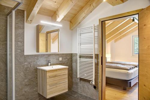 a bathroom with a shower and a sink at Apartment Alte Mühle in Scharnitz