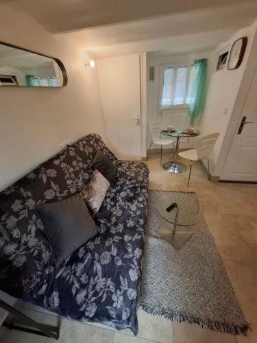un salon avec un canapé et un tapis dans l'établissement Cosy house Calme et sérénité, à Choisy-le-Roi