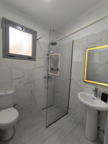 a bathroom with a shower and a toilet and a sink at KAFUL APARTMENTS in Qeparo