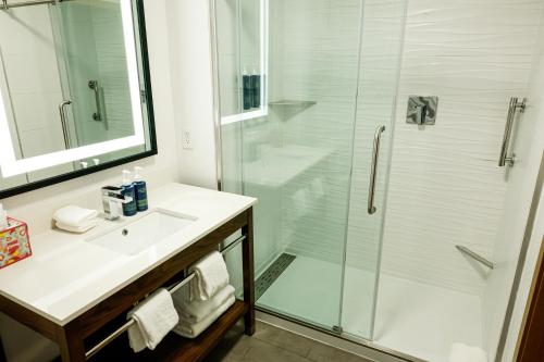 オースティンにあるFour Points by Sheraton Austin Airportのガラスのシャワーと洗面台を備えたバスルーム