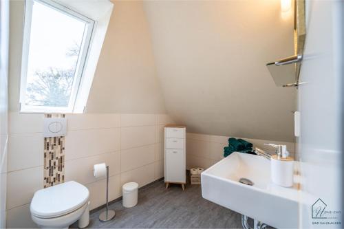 a bathroom with a sink and a toilet and a window at Home Zwo Apartments Bad Salzhausen Tiny 4 in Nidda