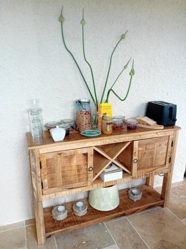 MaCoCo Maison Coeur Corbieres في Fontjoncouse: طاولة خشبية عليها نبات