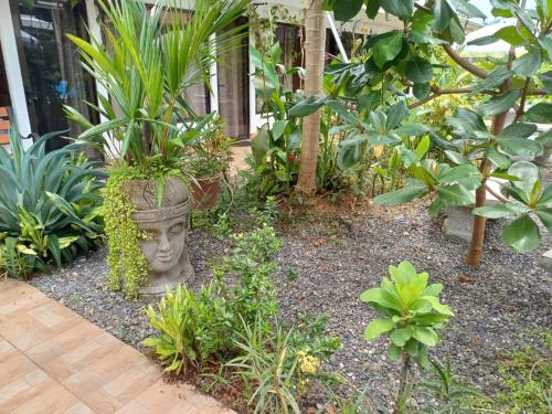 a garden with a statue of a head with plants at Habitaciones Kolibri in Quepos