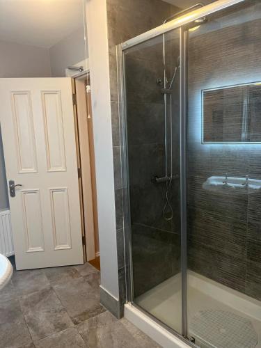 a shower with a glass door in a bathroom at Self catering apartment Silvermines in Nenagh