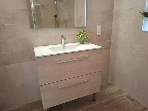 une salle de bain avec un lavabo et un miroir dans l'établissement Les Campanules, à Sainte-Geneviève