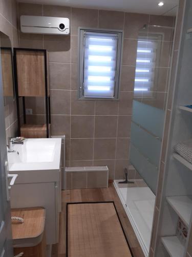 une petite salle de bain avec un lavabo et une fenêtre dans l'établissement residence les Amaryliss, à Fréjus