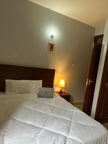 a bedroom with a bed with a laptop on it at Serenity urban homes in Arusha