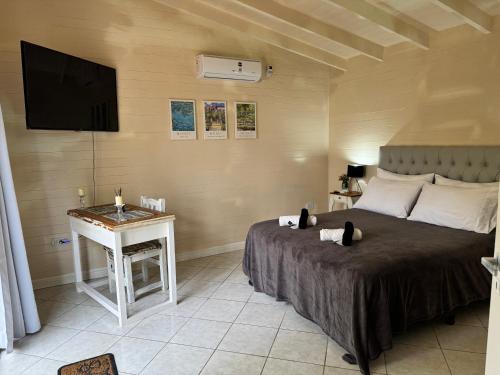 a bedroom with a bed and a table with a television at Mercedes in Tigre