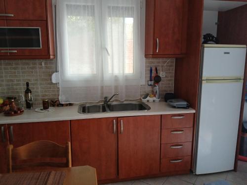 a kitchen with a sink and a white refrigerator at Artemis Bakerys House 2 in Adamas