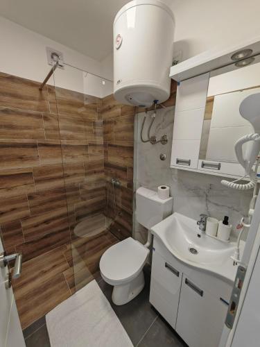 a bathroom with a toilet and a sink at Apartman Holiday 3 in Veliko Gradište