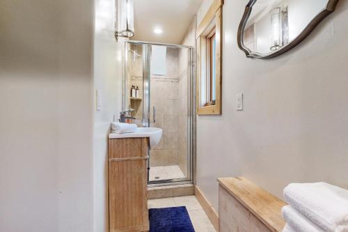 a bathroom with a sink and a shower at Summit and Shore Hideaway in Tahoe City