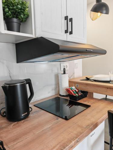 a kitchen counter with a coffee pot on a counter top at Apartman Holiday 3 in Veliko Gradište