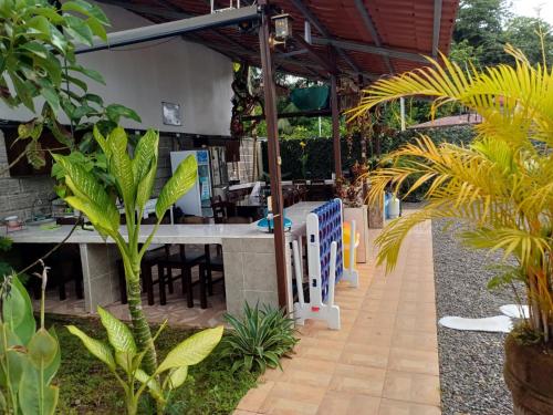a patio with a table and chairs and plants at Habitaciones Kolibri in Quepos