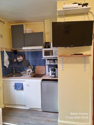 Il comprend une petite cuisine équipée d'appareils électroménagers blancs et une télévision. dans l'établissement Charmant studio à 2 mn à pied de la gare de Rouen, à Rouen