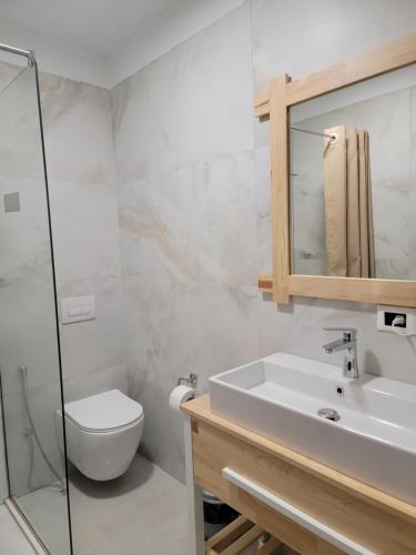a bathroom with a sink and a toilet at Lahuta e Vjeter Agroturizem in Laç