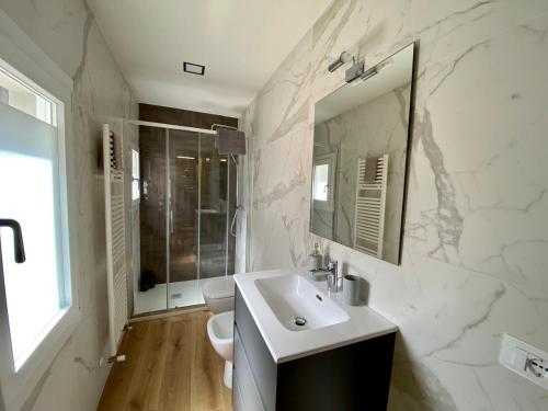 a bathroom with a sink and a toilet and a mirror at Zenone monolocale Reggio Emilia Historic Center in Reggio Emilia