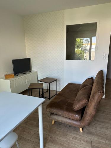 un salon avec un canapé et une télévision dans l'établissement Appartement avec terrasse, à Aytré