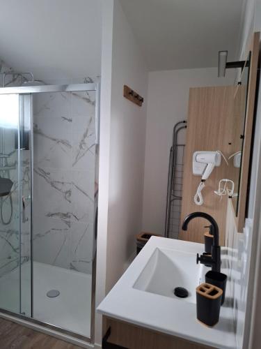 une salle de bain avec un lavabo et une douche dans l'établissement Au Bord de L'Eau, à Trith-Saint-Léger