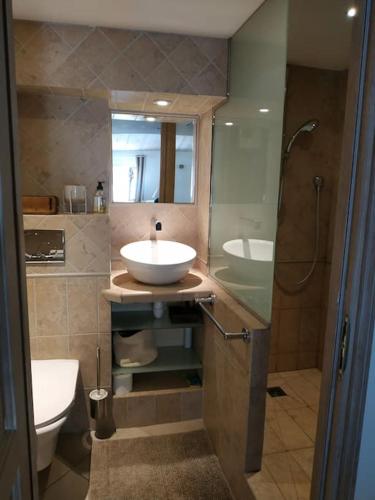 une salle de bain avec un lavabo et des toilettes dans l'établissement Elegant 2 pièces au coeur du Cannet historique, au Cannet