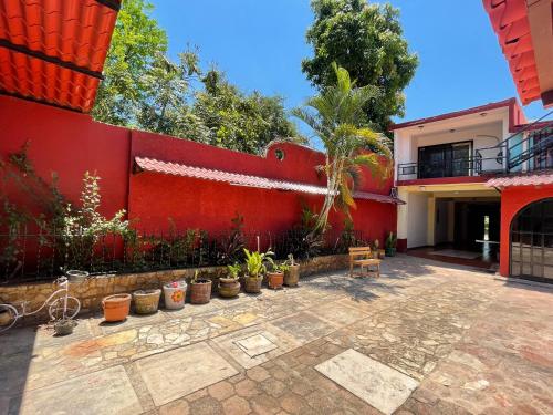 a red wall with potted plants in a courtyard at La casa de la abuela in Palenque