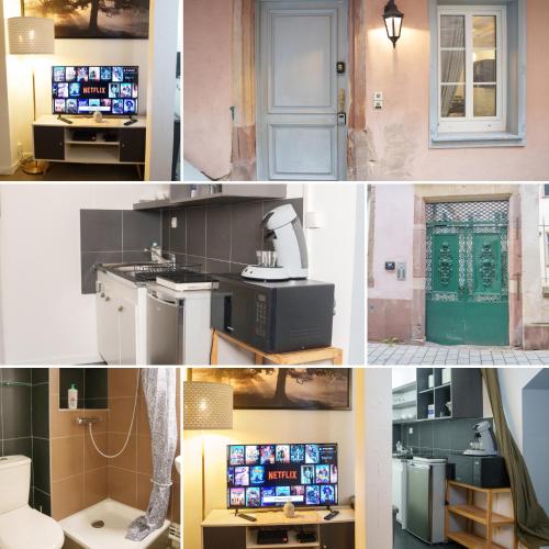 un collage de quatre photos différentes d'une cuisine dans l'établissement Appartement au Cœur de Strasbourg, à Strasbourg