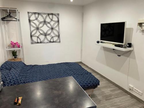 une chambre avec un lit et une télévision sur un mur dans l'établissement studio Champs Elysees, à Paris