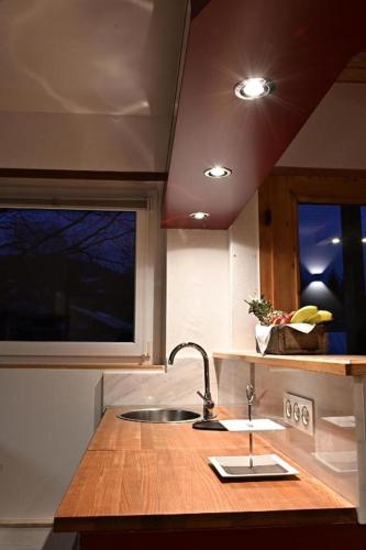 a kitchen counter with a sink and a window at Lord Michael Chalet in Bodenmais