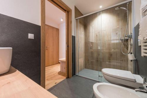 a bathroom with a shower and a toilet and a sink at Pension Haus Tirol in Laion