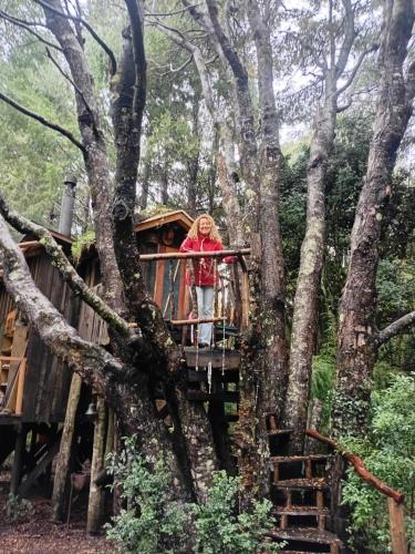 a woman standing on a bridge in a tree house at Pucón Volcano Forest SPA in Pucón