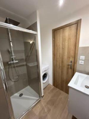 une salle de bain avec une douche, des toilettes et un lavabo dans l'établissement maison tranquille, à Beaupouyet