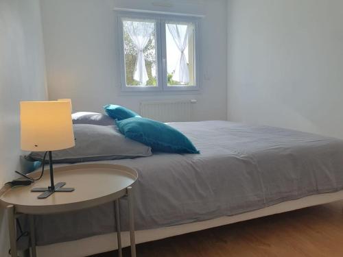 a bed with a blue pillow and a table with a lamp at La maison des lavandes in Cléon-dʼAndran