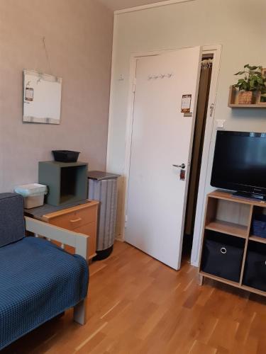 a living room with a television and a door at Majoitus keskustassa (Viihtyisä huone kaksiossa) in Kuopio