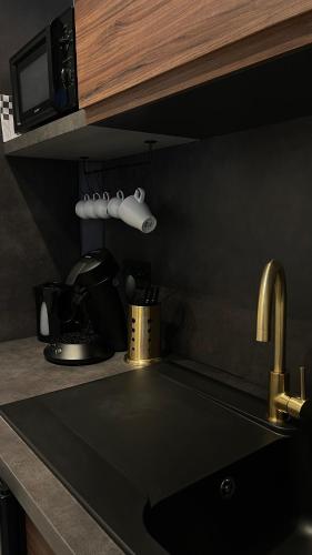 - un évier de cuisine avec un robinet et un comptoir dans l'établissement Jémana, à Rivière-Saas-et-Gourby