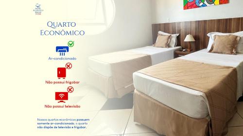 two beds in a hotel room with a poster with descriptions at Hotel Atlantico Macaé By Inn House in Macaé