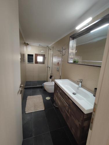 a bathroom with a sink and a toilet and a mirror at THEASIS 4 luxury studio with sea view in Neos Marmaras
