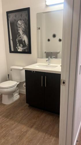 a bathroom with a sink and a toilet and a mirror at Exceptional Loft FREE Parking and WIFI in Los Angeles